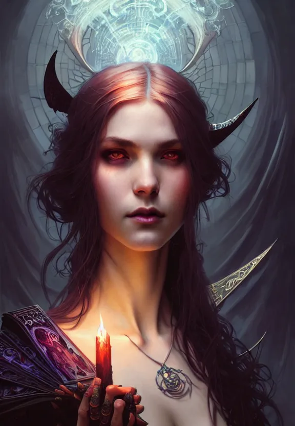 Image similar to Necromancer Sorceress in center, fantasy magic, undercut hairstyle, dark light night, intricate, elegant, sharp focus, illustration, highly detailed, digital painting, concept art, matte, art by WLOP and Artgerm and Greg Rutkowski and Alphonse Mucha, masterpiece