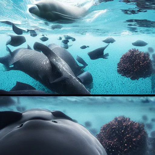 Image similar to hyperrealistic underwater photography, panoramic picture of an ocean floor with in the distance some baluga whales. focus on the whales. the whales are anatomically correct and highly detailed. lots of bubbles. seaweed and some rocks. gloomy scattered light entering from the water surface, trending on artstation, hq, 8 k