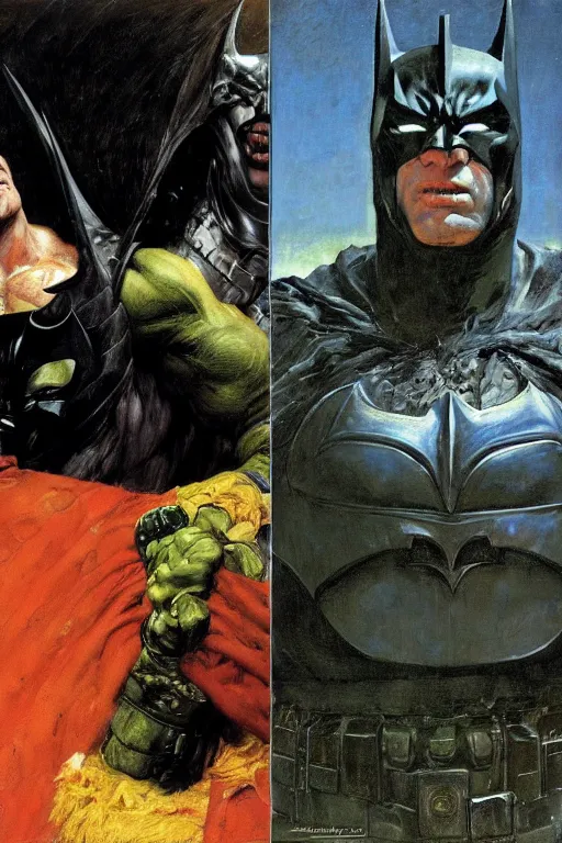 Image similar to upper body and head portrait of hulking brock lesnar as evil batman wearing cape and armour, painted by lawrence alma tadema, zdzislaw beksinski, norman rockwell, jack kirby, tom lovell, greg staples