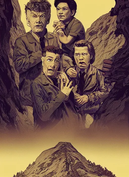 Prompt: Twin Peaks movie poster artwork by Michael Whelan and Tomer Hanuka, Rendering of the Goonies, from a scene from Twin Peaks, clean, full of detail, Matte painting, trending on artstation and unreal engine