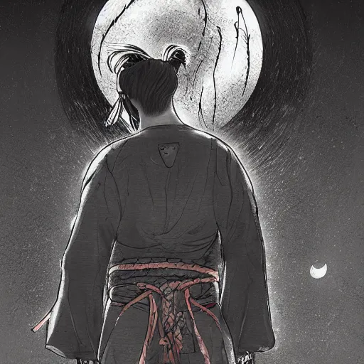 Image similar to a portrait from behind of a samurai man vagabond with a moon behind him, the samurai is wrapped in chains, detailed, illustration, concept art, ink style, sketch