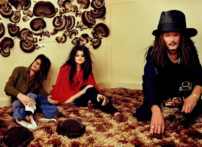 Image similar to Selena Gomez and Young Johnny Depp eating mushrooms and tripping in a shag carpet house, photograph by Annie Leibovitz and Mark Seliger