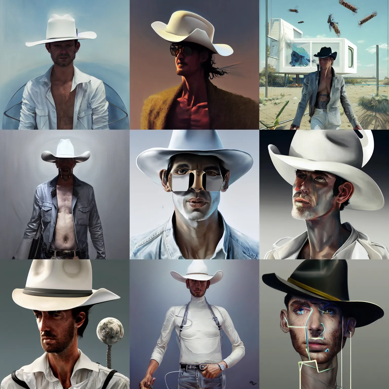 Prompt: futuristic australian man ( shitposter ) in cowboy hat living in a white cube and eat bugs digital art, dystopian, ultrarealistic, irina french, heraldo ortega, mandy jurgens hajime sorayama greg rutkowski trending on artstation masterpiece golden ratio 8 k 1 5 0 mpx