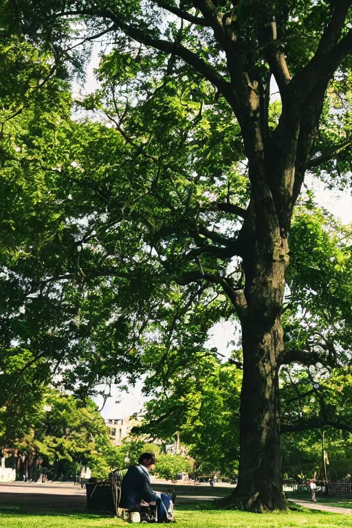 Image similar to a detective from the 5 0's, sitting in a park under a big tree