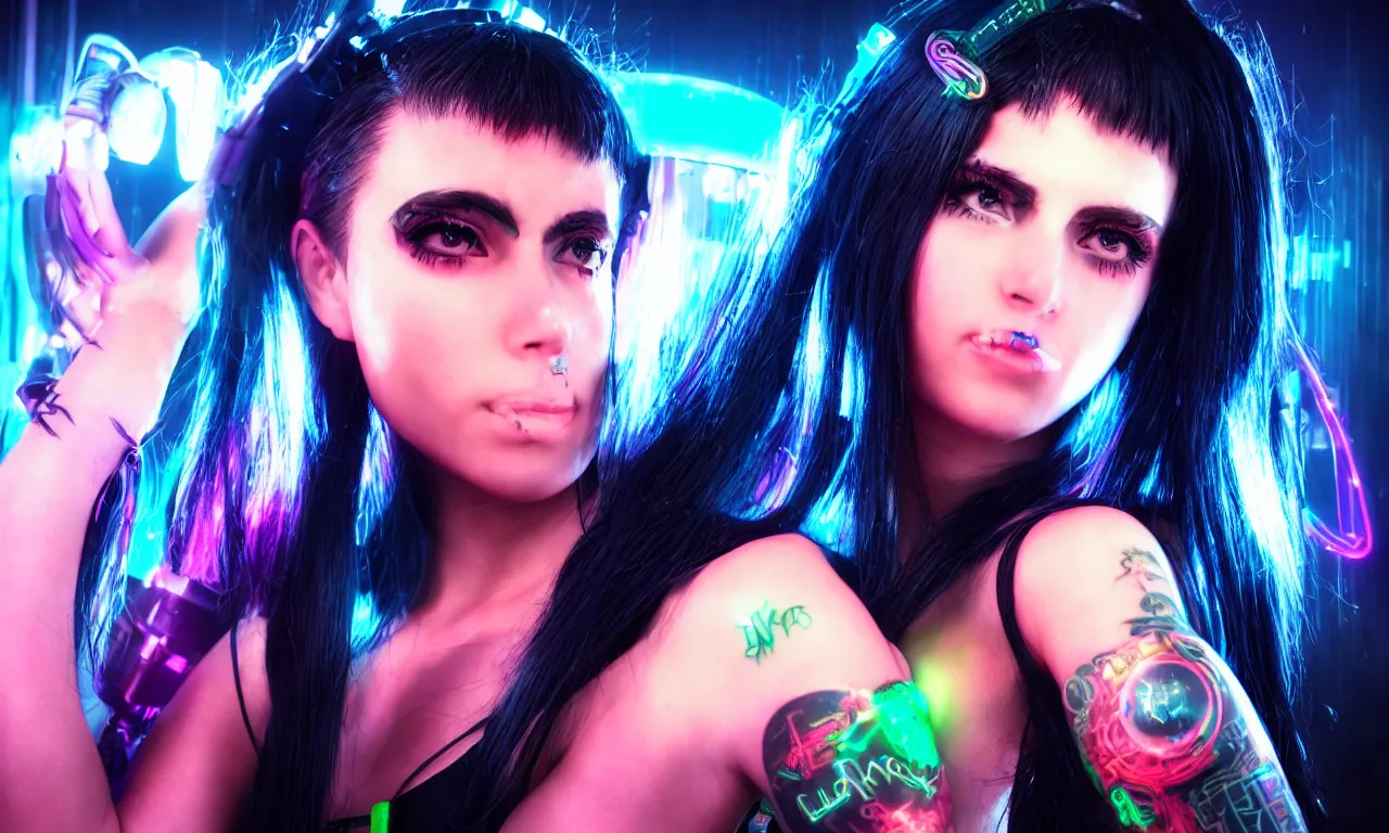 Image similar to neon cyberpunk sailor moon with arm tattoos, 1 / 4 headshot, cinematic lighting, dystopian scifi gear, gloomy, profile picture,