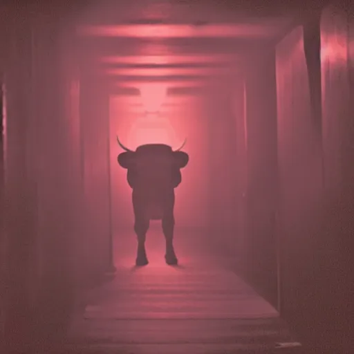 Image similar to hi - 8 night vision camera footage of a barely visible minotaur with red eyes in a dark hallway