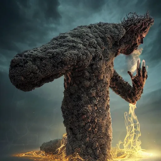 Image similar to Editorial Masterpiece extremely realistic Legendary elemental High Orders Nephilim Virtues figure infused with coalesced crystalline fire by Erik Johansson, perfect light