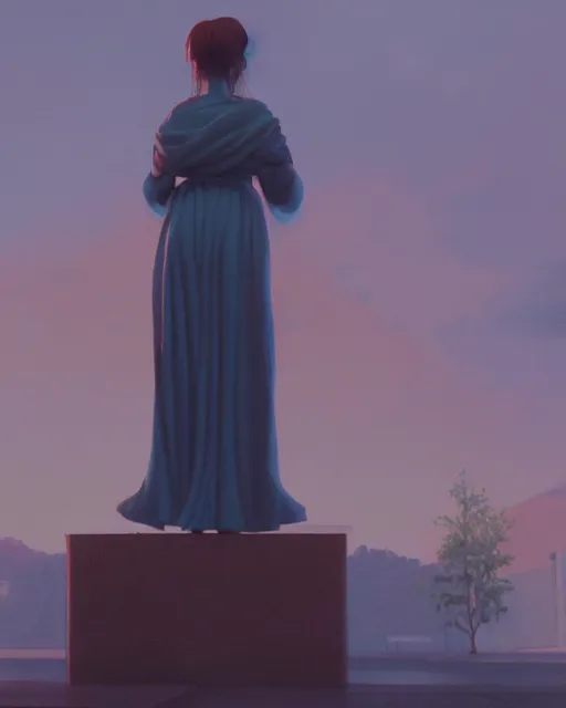 Image similar to a painting of a woman standing in front of a statue, a screenshot by stanley twardowicz, cgsociety, aestheticism, aesthetic, vaporwave, anime aesthetic