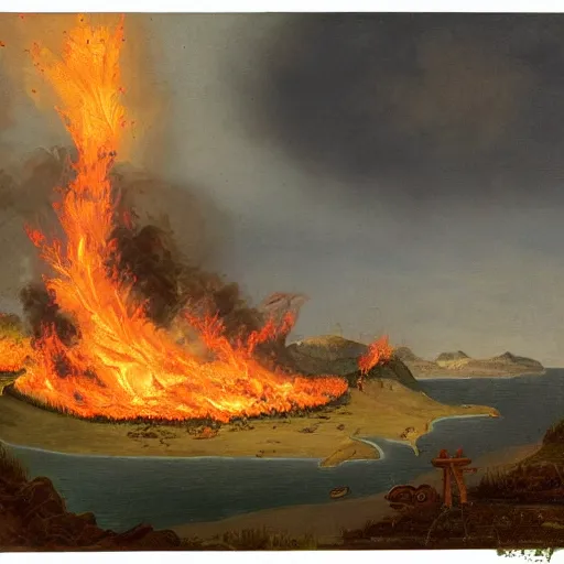 Prompt: an island burning in hellfire, landscape, detailed