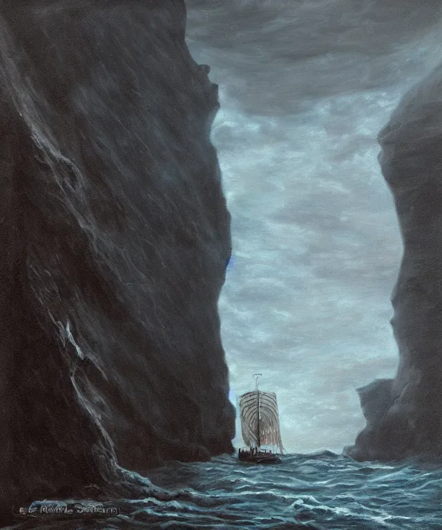 Image similar to photorealistic painting of a 1 9 2 5 seiner sailing near a short tropical cliff with the mouth of a sea cave at the waterline, dark, brooding, atmospheric, lovecraft, horror, smooth, epic, highly detailed, cinematic, by lee gibbons