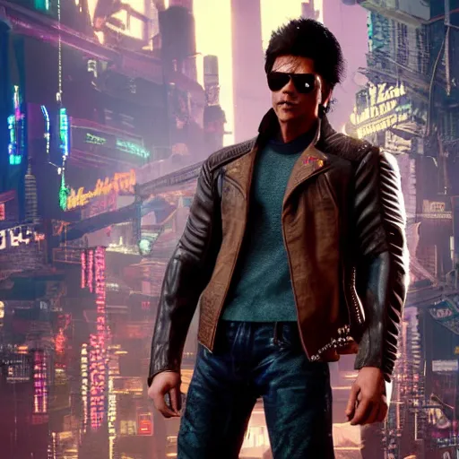 Image similar to full-frame of Shah Rukh Khan, wearing a brown leather-jacket, as a character from Cyberpunk 2077, looking at camera, intricate, sci-fi, extremely detailed, in the background cyperpunk-2077-city, concept art, artstation