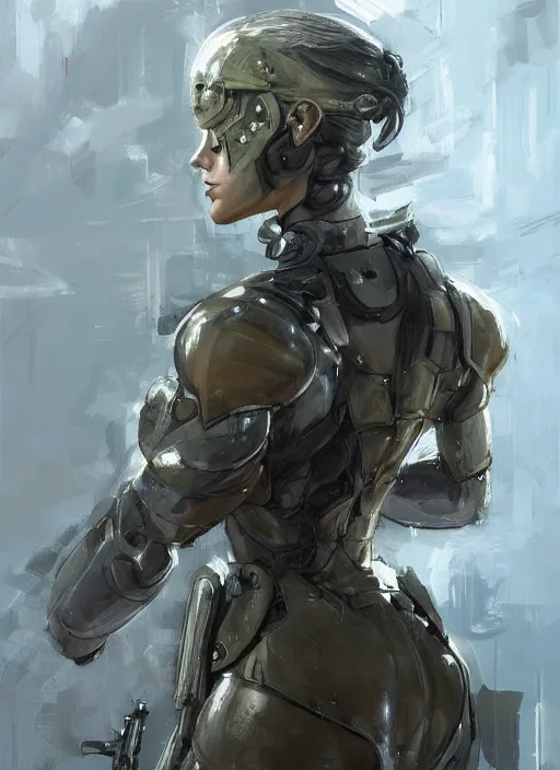 Image similar to a professional painting of a beautiful young female, clothed in stealth armor, military helmet, olive skin, long dark hair, beautiful bone structure, symmetrical facial features, intricate, elegant, digital painting, concept art, smooth, sharp focus, illustration, from Metal Gear, by Ruan Jia and Mandy Jurgens and Artgerm and William-Adolphe Bouguerea