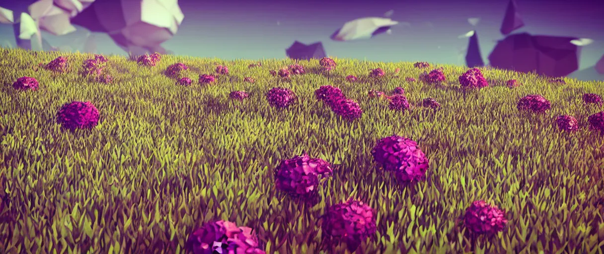 Image similar to 3 d render low poly art, flowers, field of dreams, unreal engine, dreamy, bokeh