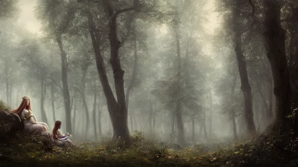 Prompt: elven princess sitting alone, far away, in the melancholy forest. andreas achenbach, artgerm, mikko lagerstedt, zack snyder, tokujin yoshioka