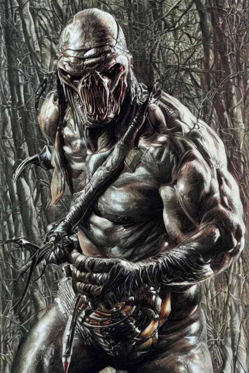 Image similar to beautiful clean acrylic painting of predator, huntinf, scary, portrait study by bernie wrightson, detailed, stunning, realistic