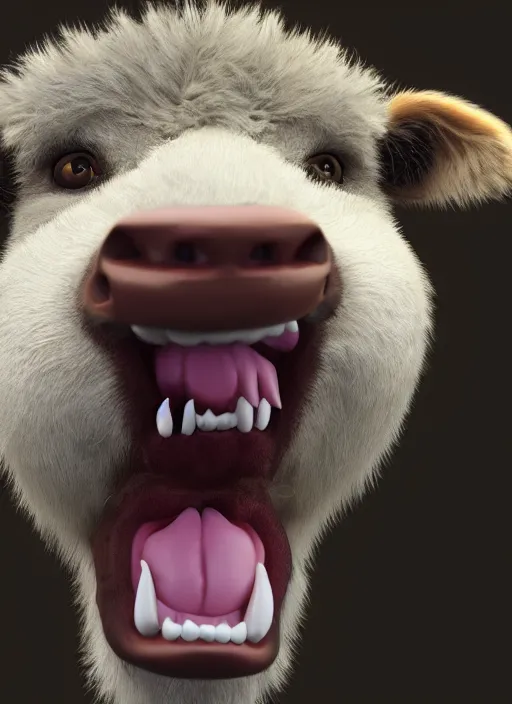 Prompt: an epic portrait of a furry cow showing his teeths, unreal 5, DAZ, hyper realistic, octane render, dynamic lighting