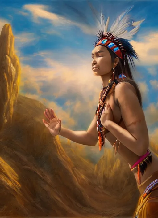 Prompt: indigenous woman starring at the sky, with arms up, praying at the sun, matte painting, fantasy art