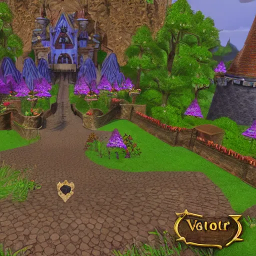 Image similar to road leading to Stormwind city, large fantasy castle with flower gardens, screenshot from violet evergarden