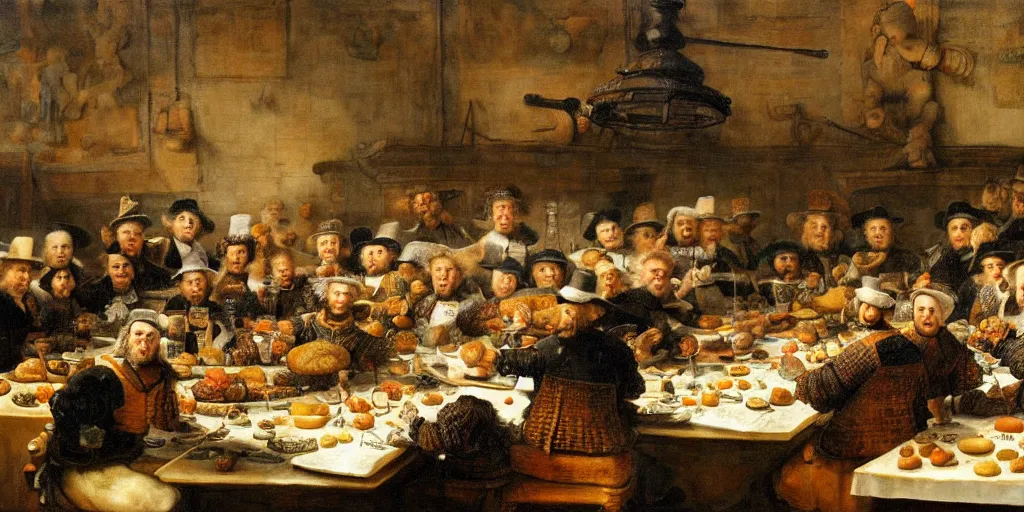 Prompt: Work colleagues get together to feast on a big table with lots of food drawn by rembrandt