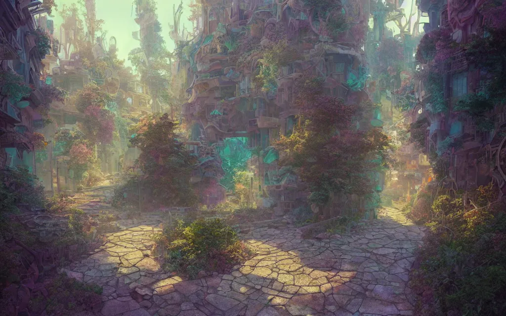 Prompt: a dreamy otherworldly 3 d render of stone pathway through post - apocalyptic abandoned city, studio ghibli, pixar and disney exploded - view drawing, sharp, disney octane render splatter paint vray by shinji kimura and alphonse mucha and alena aenami, maximalist pastel color palette, ( ( bloom ) ), dramatic lighting