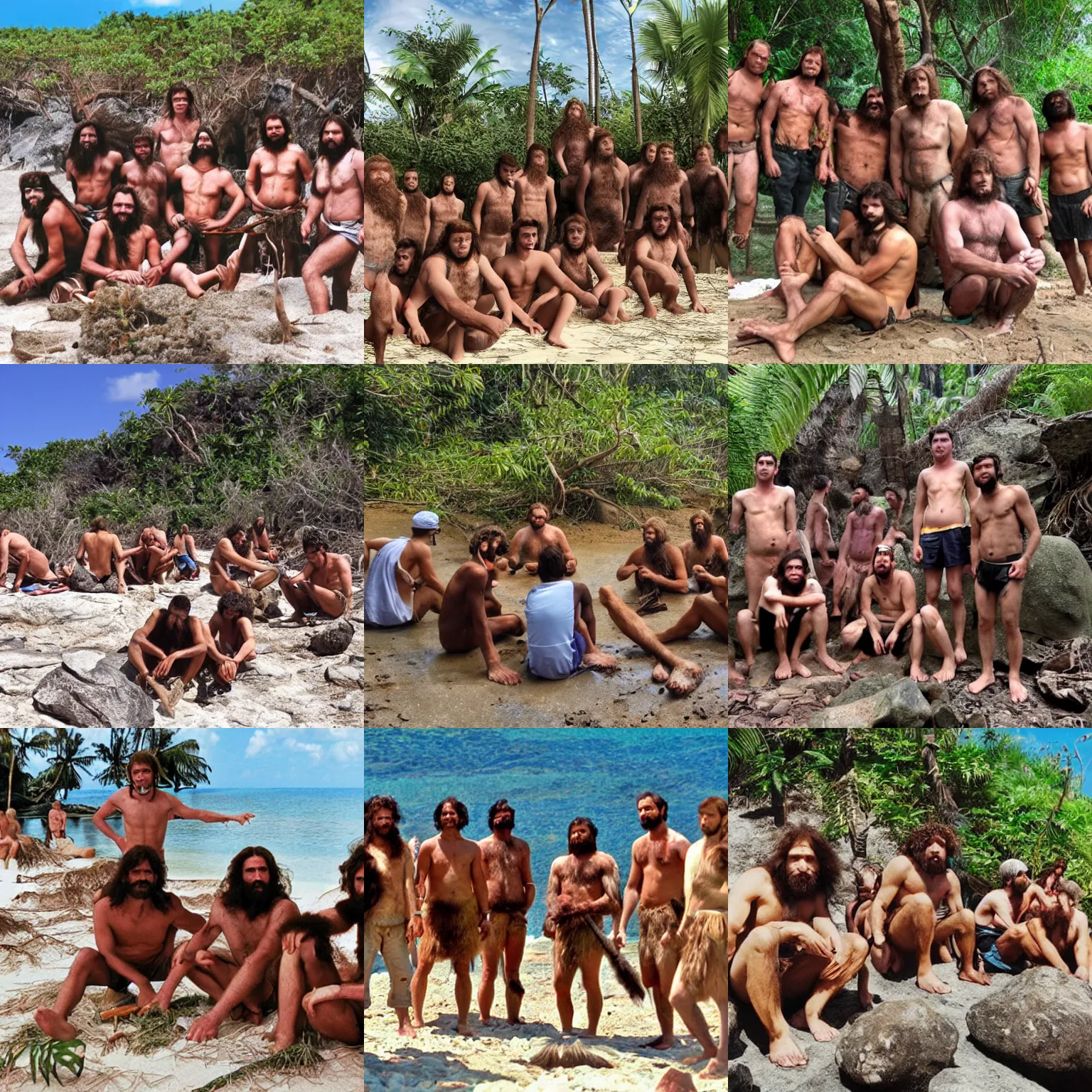 Prompt: group of cavemen stranded on tropical island