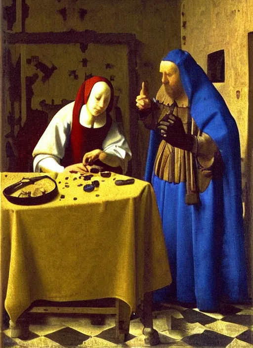 Prompt: date at the crowded medieval inn. Medieval painting, by Johannes Vermeer, Jan van Eyck