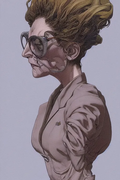 Image similar to zoom out portrait of mad lady scientist, illustration by katsuhiro otomo, brom, moebius concept art