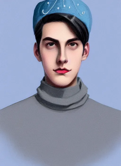 Image similar to portrait of teenage jughead jones wearing a light grey crown, crown, blue turtleneck, 1 9 5 0 s, closed eyes, photorealistic, black hair, glowing lighting, intricate, elegant, glowing lights, highly detailed, digital painting, artstation, concept art, smooth, sharp focus, illustration, art by wlop, mars ravelo and greg rutkowski