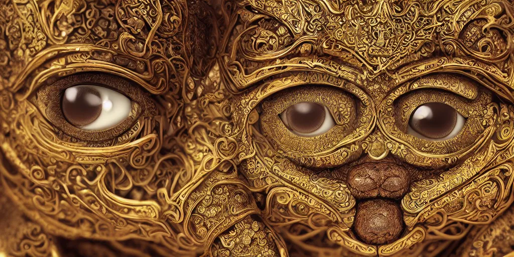 Prompt: ancient javanese hello kitty hybrid with compound eyes portrait photograph, in the style of ancient javanese, insanely detailed and intricate, golden ratio, realistic 3D, hyper-realistic, super detailed, realistic octane render, 8K, fashion photography, hard light