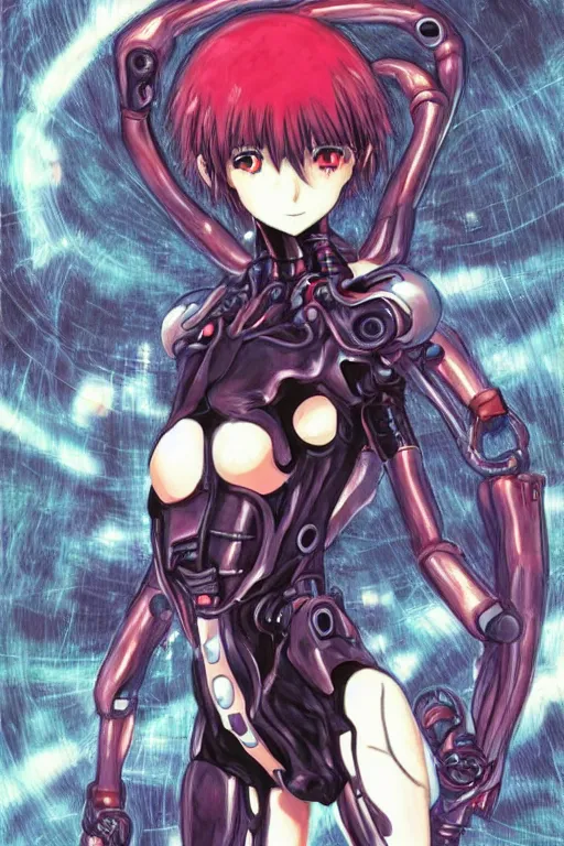 Prompt: beautiful coherent award-winning manga cover art of a mysterious lonely cyborg anime woman wearing a plugsuit, serial experiments lain, neon genesis evangelion, painted by tsutomu nihei