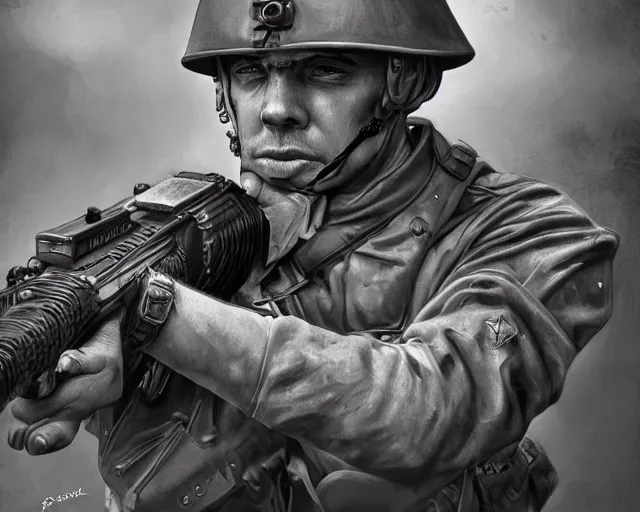 Image similar to A soldier aiming a gun with a hateful face, world war 1, close-up, realistic face, beautiful face detail, mature facial features, black and white, amazing digital art, hyper detailed, artstation, in the style of Tony Sart