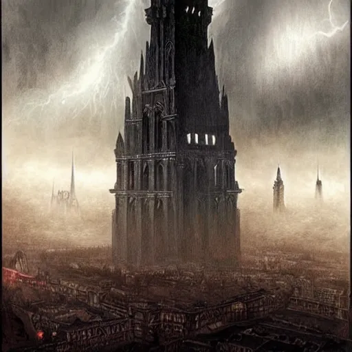 Image similar to an ultra detailed tarot card of a lonely and impossibly tall ominous gothic dark citadel tower of the evil patriarch, elevated high above the city, in a river elevated high above the city, fantasy capital city, ultrawide lense, aerial photography, scary thunderstorm, light fog, volumetric lighting, exquisite detail, 8 k, art by greg rutkowski and alphonse mucha