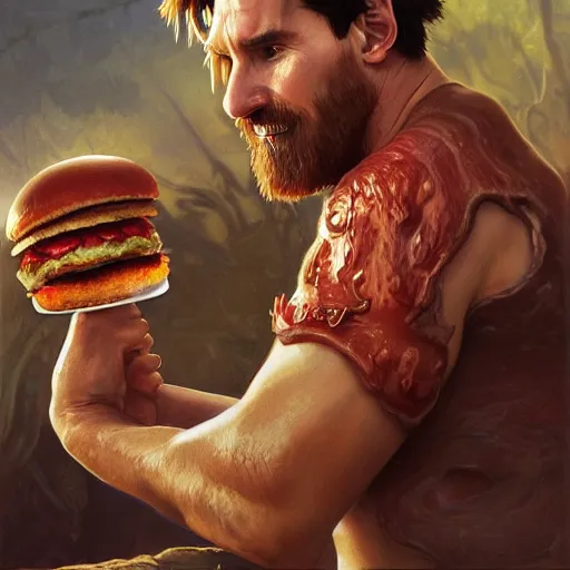 Image similar to Lionel Messi eating a mammoth Wendy's baconator, closeup, giant baconator, D&D, fantasy, intricate, elegant, highly detailed, digital painting, artstation, concept art, matte, sharp focus, illustration, art by Artgerm and Greg Rutkowski and Alphonse Mucha