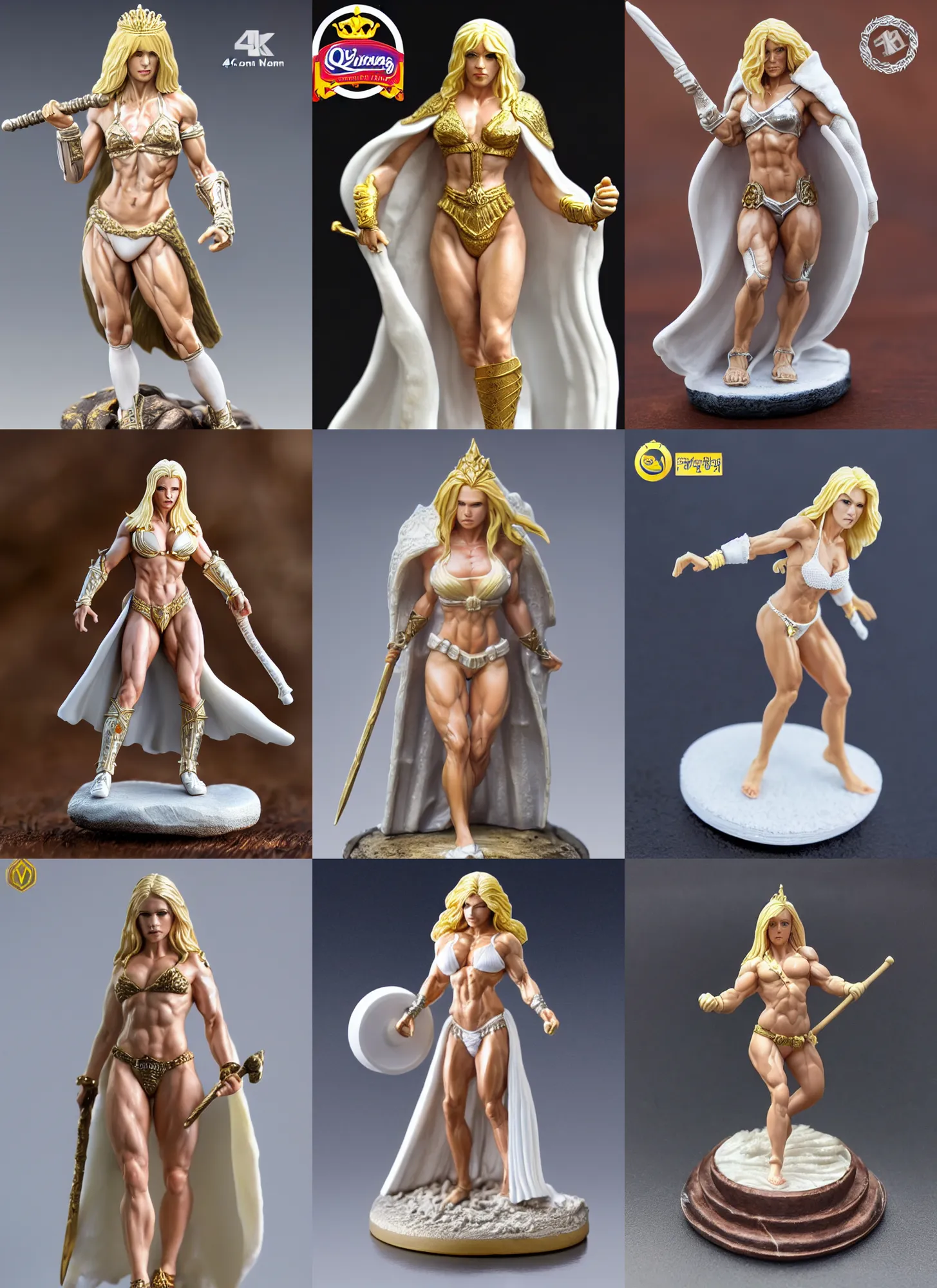Prompt: 80mm resin detailed miniature of a Very Muscular Queen, long white cloak, bikini-armor, very short blonde hair, on textured disc base, Company logo in upper left corner; Miniature product Photo, 4K, Full body