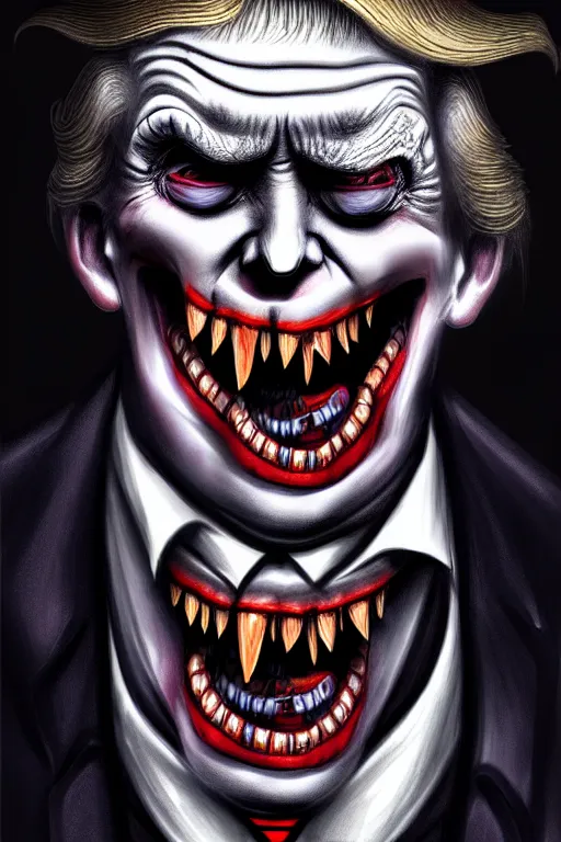 Image similar to donald trump dracula, fangs, character portrait, close up, concept art, intricate details, hyper realistic, in the style of otto dix and h. r giger