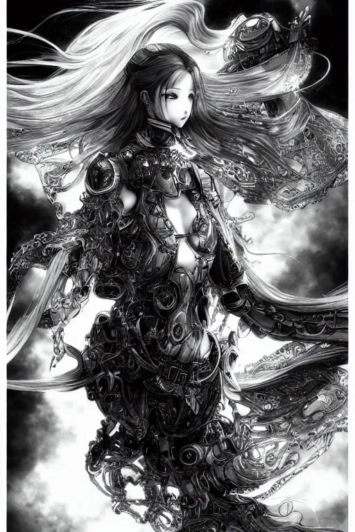 Image similar to a vertical portrait of a character in a scenic environment by Yoshitaka Amano, black and white, dreamy, cybernetic armor, wavy long black hair, highly detailed