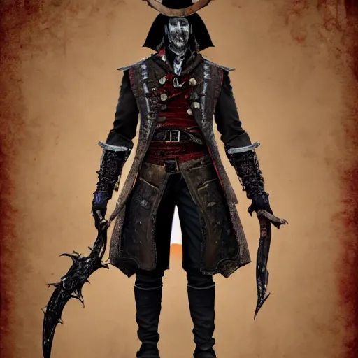 Image similar to Full body profile of Male Victorian Gothic Pirate, hd, intricate, bloodborne, 8k, digital art