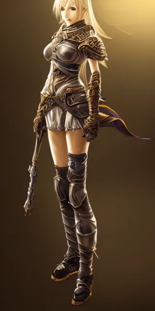 Image similar to A full body portrait of a female paladin, blonde hair, Akihiko Yoshida, concept art, very detailed, tone mapping, matte