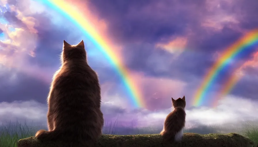 Image similar to back view of cats looking at rainbow, volumetric light, cloudy sky, hyperdetailed, artstation, cgsociety, 8 k