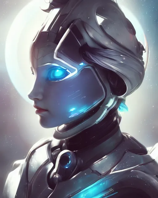 Image similar to perfect android girl on a mothership, warframe armor, beautiful face, scifi, futuristic, galaxy, nebula, raytracing, dreamy, long white hair, blue cyborg eyes, sharp focus, cinematic lighting, highly detailed, artstation, divine, by gauthier leblanc, kazuya takahashi, huifeng huang