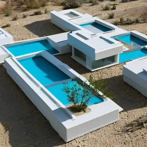 Prompt: white habitat 6 7, lego architect building in the dessert, many plants and infinite pool