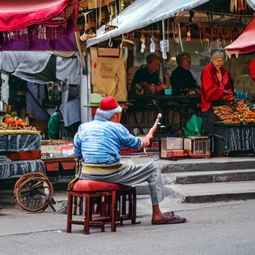 Image similar to old man playing a flute at a busy street market