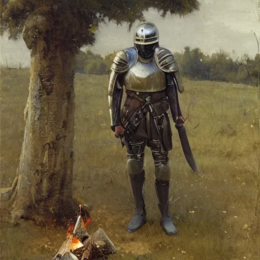 Image similar to knight wearing sallet helmet leaning against a tree by the campfire with a discarded sword and gun, oil painting, by Fernanda Suarez and and Edgar Maxence and greg rutkowski