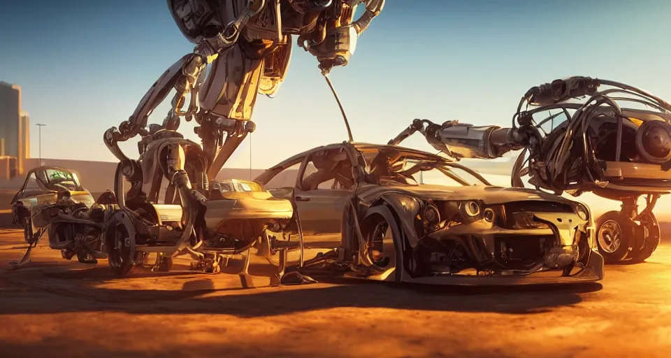 Image similar to praying mantis robot picking up a car, hyperdetailed, close up, artstation, cgsociety, golden hour 8k