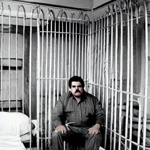 Image similar to Pablo Escobar sitting in expensive and decorated prison cell