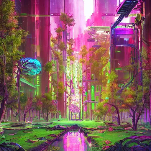 Image similar to forest and flower city, cyberpunk, futuristic, vivid colors, utopia by alayna danner and dang my linh