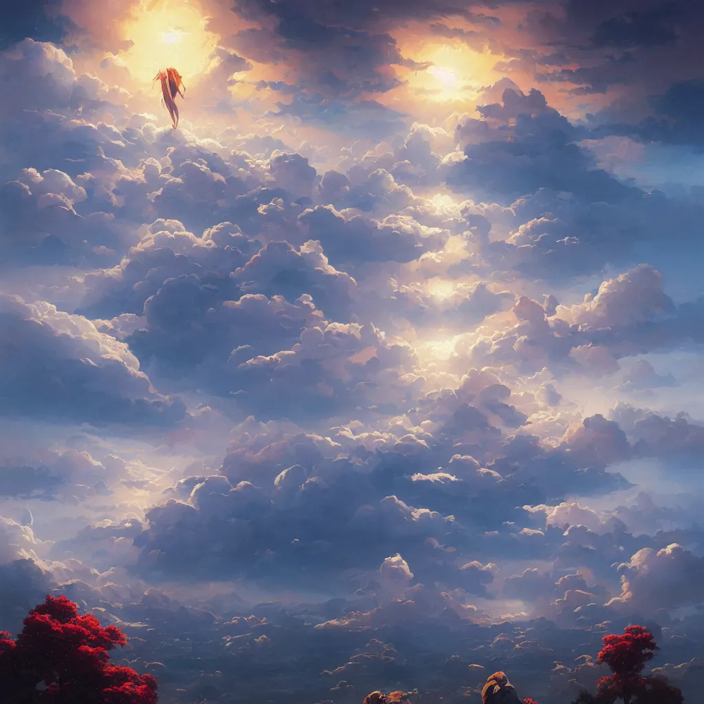 Image similar to a sending down [ of the revelation ] from him who created the earth and the lofty heavens, overdetailed art, by greg rutkowski, by rhads, tornado of flowers, sharp focus