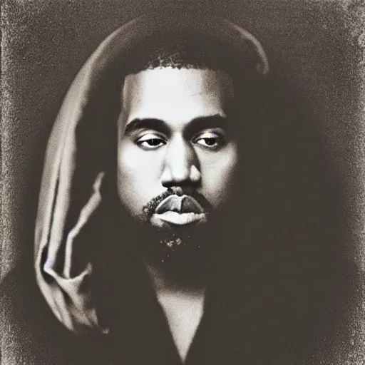 Prompt: a chiaroscuro lighting portrait of kanye west dressed as jesus, black background, portrait by julia margaret cameron, shallow depth of field, 8 0 mm, f 1. 8