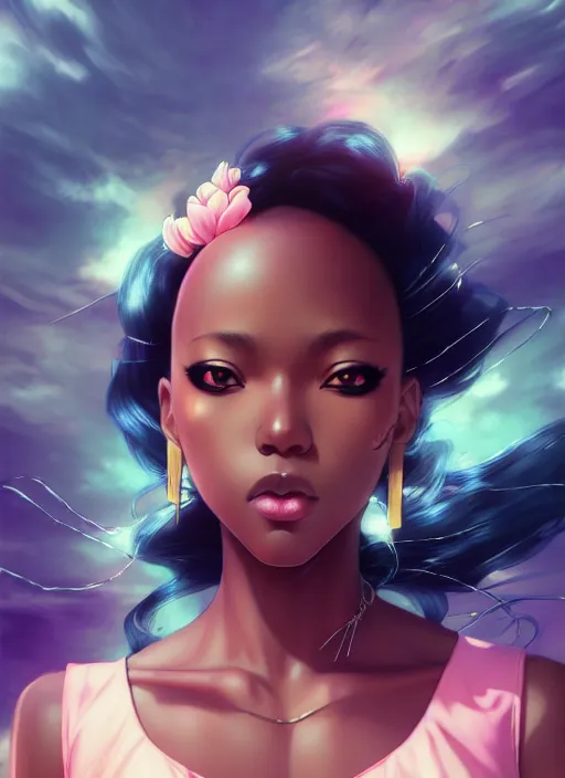 Image similar to beautiful hip hop young black woman, model pose, confident, anime style, scenery wallpaper aesthetic, pastel colors, symmetrical face, cinematic, dramatic, super detailed and intricate, hyper realistic, 4 k render, by artgerm, by kyoung hwan kim, by ralph mcquarrie, by yoshiyuki tomino