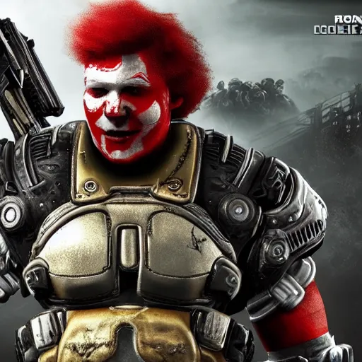 Image similar to ronald mcdonald in gears of war, cinematic shot, hyperdetailed